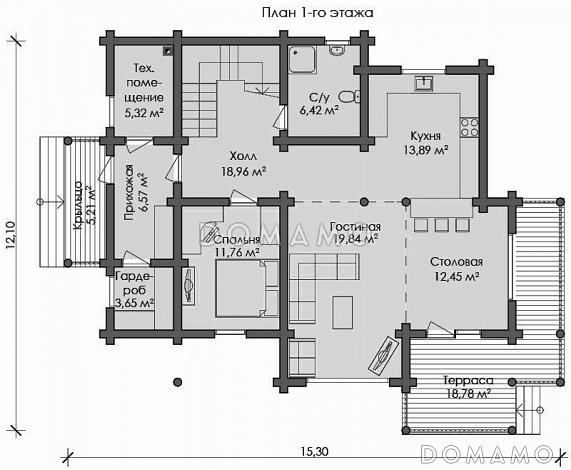 Проект дома с тремя спальными комнатами с двумя балконами и санузлом на втором этаже / План 1 этажа