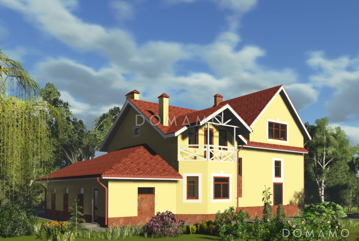 Проект дома с мансардным этажом, пристроенным гаражом и двумя балконами