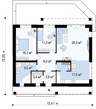 Проект компактного одноэтажного дома из газобетона с двумя спальнями, светлой просторной дневной зоной и большой открытой террасой / План 1 этажа