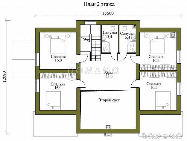 Проект двухэтажного кирпичного дома с просторной террасой, сауной и пятью спальнями / План 2 этажа