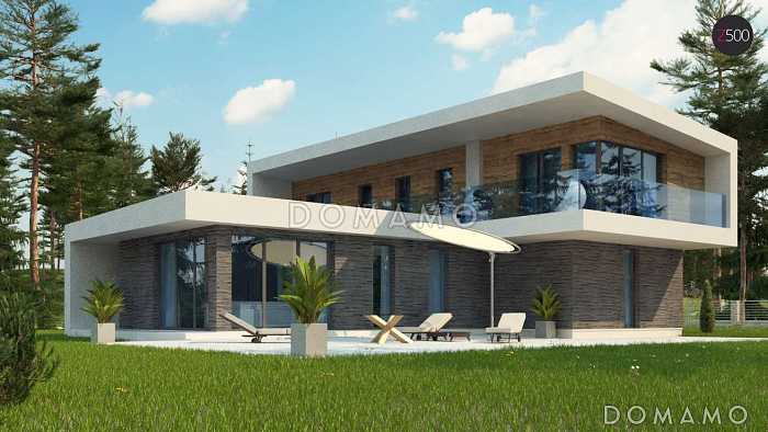 Проект современного двухэтажного дома из кирпича с плоской крышей, четырьмя комнатами и одноместным гаражом