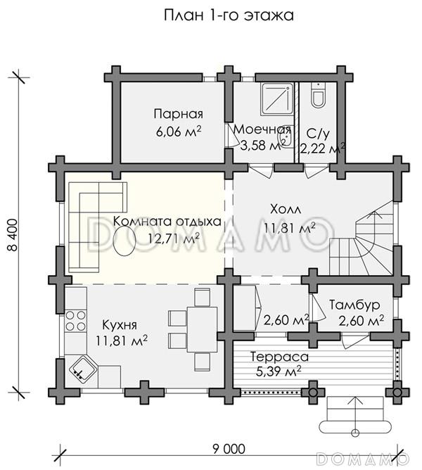 Проект двухэтажного дома с с/у с душем и парной комнатой на первом этаже / План 1 этажа