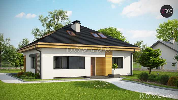 Проект одноэтажного дома из газобетона с тремя спальнями и небольшой крытой угловой террасой, с жилой мансардой