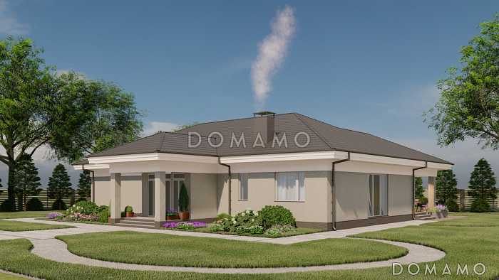 Проект одноэтажного газобетонного дома с цветочной террасой и просторной кухней-гостиной