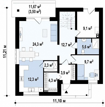 Проект дома с террасой и балконом, кладовыми, просторной ванной с окном на втором этаже / План 1 этажа