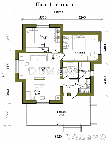 Проект одноэтажного кирпичного дома с двумя спальнями и просторной террасой / План 1 этажа