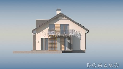 Проект одноэтажного мансардного дома из газобетона с эркером, тремя  балконами и вертикальным мансардным окном / Фасад 2