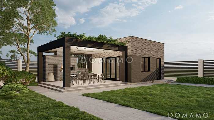 Проект одноэтажной бани в стиле хай-тек с мангальным комплексом