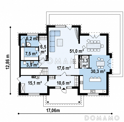 Проект большого двухэтажного дома из газобетона с четырьмя спальнями, сауной и просторной дневной зоной / План 1 этажа