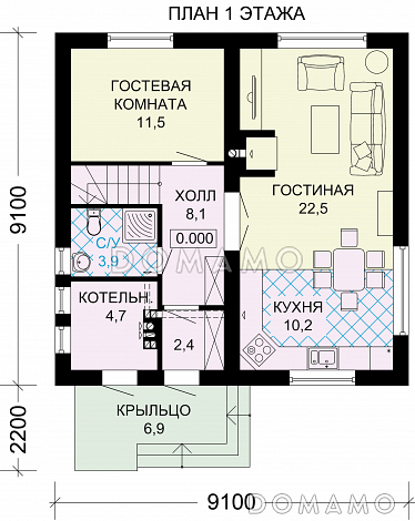 Проект дома из газобетона с гостевой комнатой / План 1 этажа