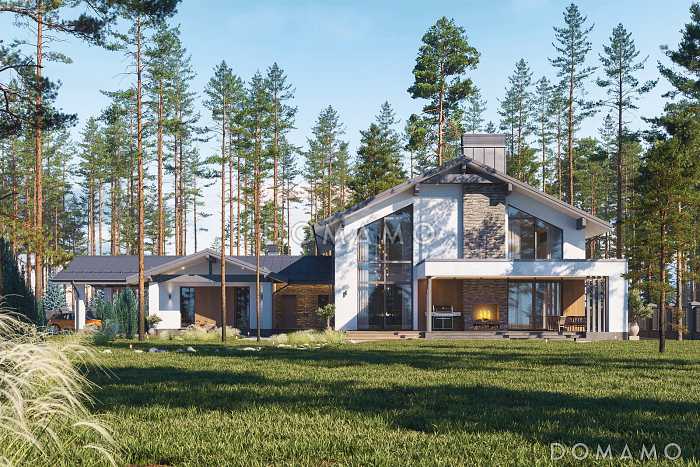 Проект кирпичного двухэтажного дома с гаражом, навесом и террасой