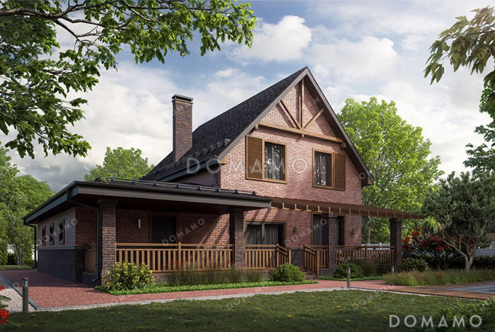 Проект одноэтажного дома с мансардой, гаражом на два автомобиля и большой террасой