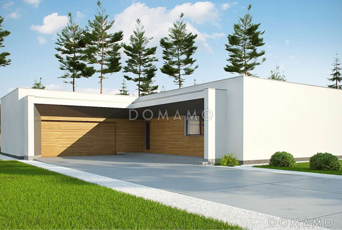 Проект современного одноэтажного углового дома из кирпича с плоской крышей, с тремя спальнями и двухместным гаражом