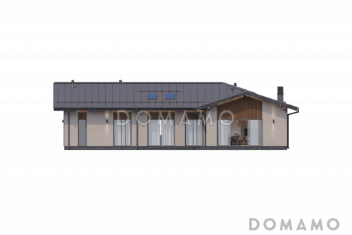 Проект Т-образного дома с навесом для автомобилей, крытой верандой для барбекю, открытой планировкой дневнойзоны / Фасад 4