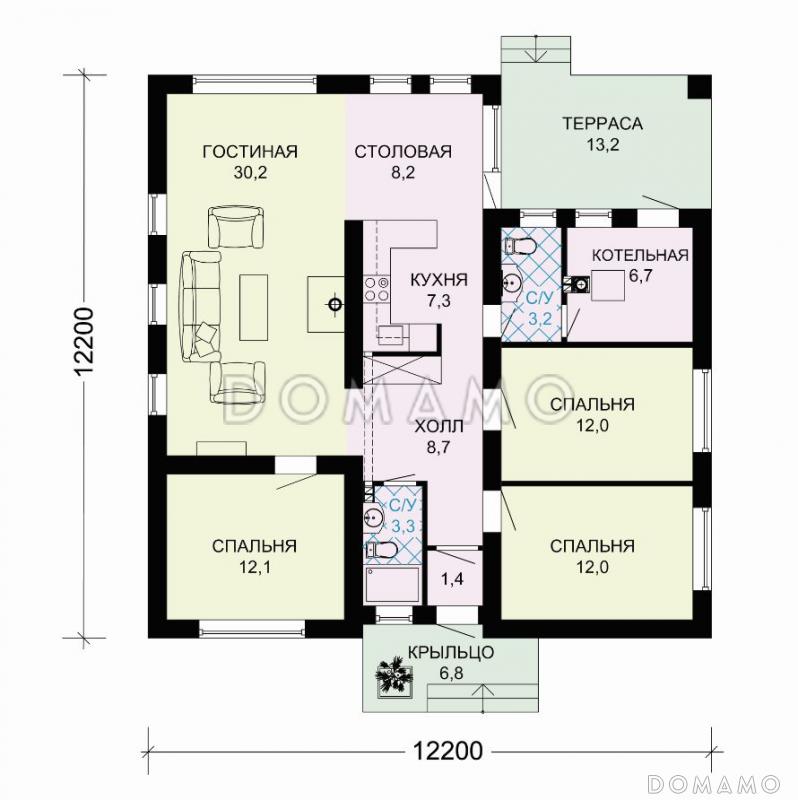 Проект одноэтажного дома по технологии ЛСТК с тремя спальнями и крытой террасой / План 1 этажа