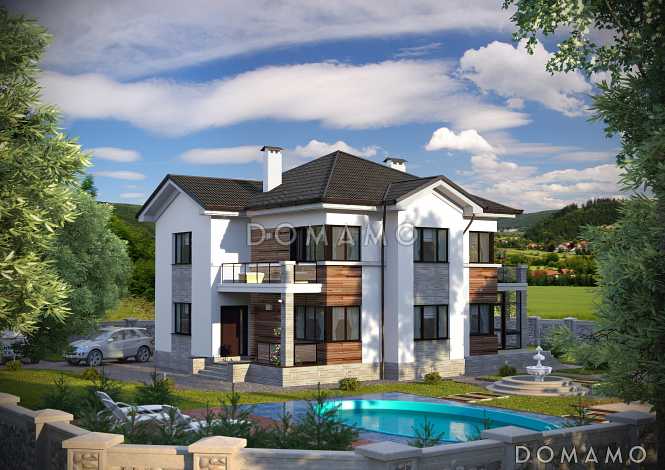 Проект загородного дома с гаражом, функциональной прихожей, просторной столовой зоной, зимнем садом