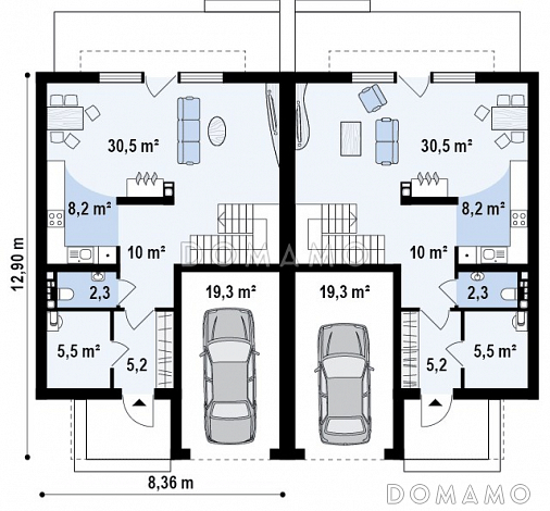 Проект современных мансардных домов-близнецов из газобетона с гаражом, тремя спальнями и красивым слуховым окном и балконом / План 1 этажа