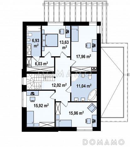 Проект современного двухэтажного дома из кирпича с плоской крышей с четырьмя спальнями, кабинетом и двухместным гаражом / План 2 этажа