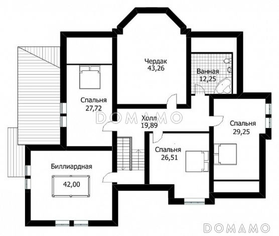 Проект вместительного дома с мансардой, сауной и небольшим бассейном / План мансардного этажа