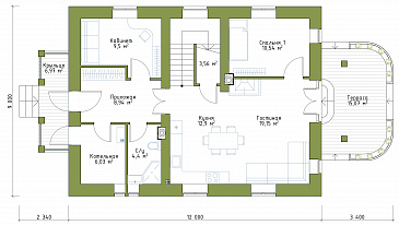 Проект двухэтажного коттеджа с террасой для узкого участка / План 1 этажа