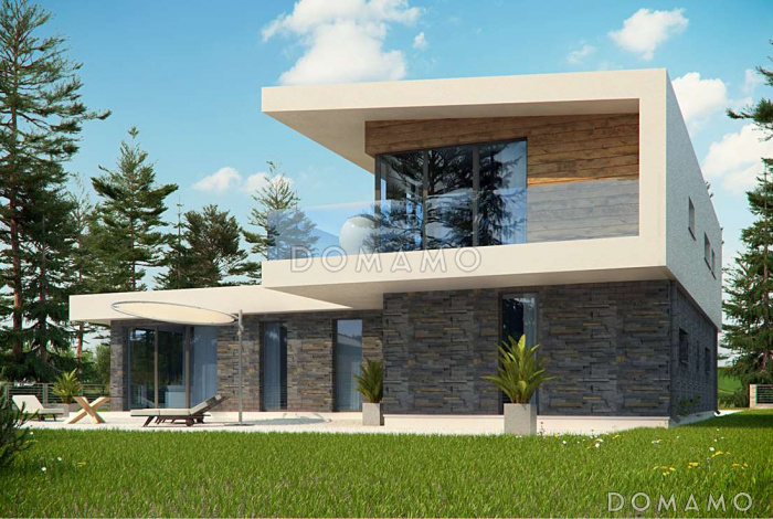 Проект современного двухэтажного дома из газобетона с плоской крышей, четырьмя комнатами и одноместным гаражом