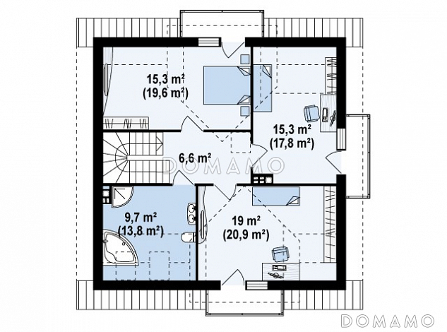 Проект одноэтажного мансардного дома из газобетона с кабинетом, эркером и балконом / План мансардного этажа
