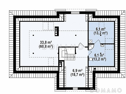 Проект одноэтажного дома из газобетона с цокольным этажом и со свободной планировкой на мансардном этаже / План мансардного этажа