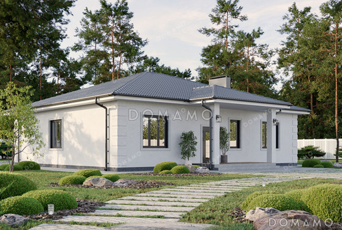 Проект одноэтажного дома с четырьмя спальнями, просторной гостиной-столовой и терасой