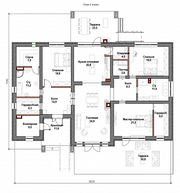 Проект одноэтажного дома с двумя террасами, кухней и гостиной в центральной части дома, сауной / План 1 этажа