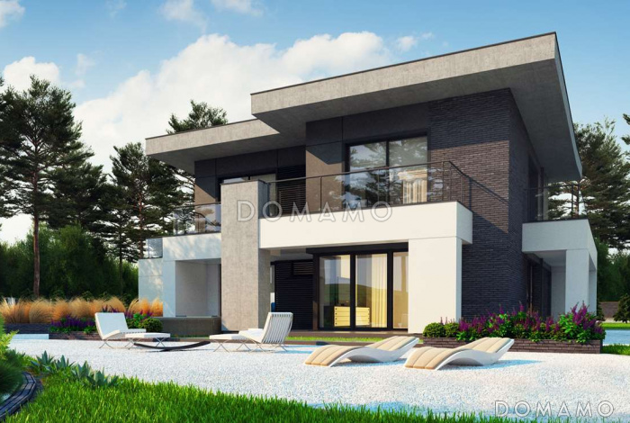 Проект современного двухэтажного дома из кирпича с пятью спальнями, с гаражом для двух автомобилей и террасами на обоих уровнях