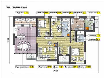 Проект одноэтажного дома с просторной кухней-столовой, кабинетом, кладовыми / План 1 этажа