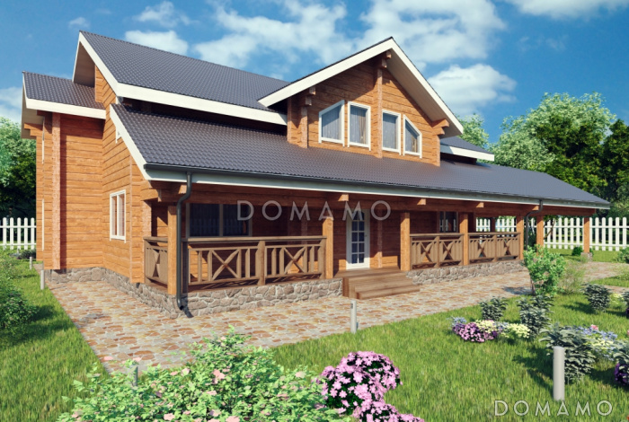 Проект дома из клееного бруса с навесом для авто