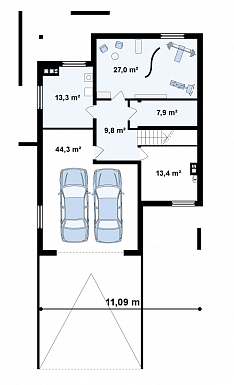 Проект большого двухэтажного дома из кирпича с цокольным этажом и подземным гаражом / План цокольного этажа