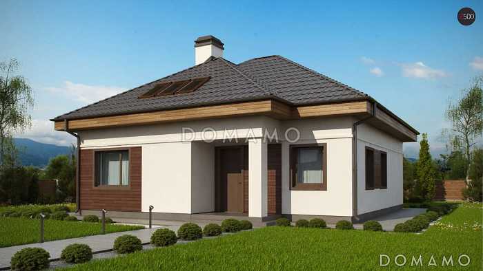 Проект одноэтажного дома из газобетона с двумя спальнями и крытой террасой с жилой мансардой