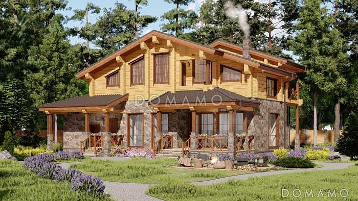 Проект двухэтажного дома из каменных блоков и бруса, с тремя балконами и террасой