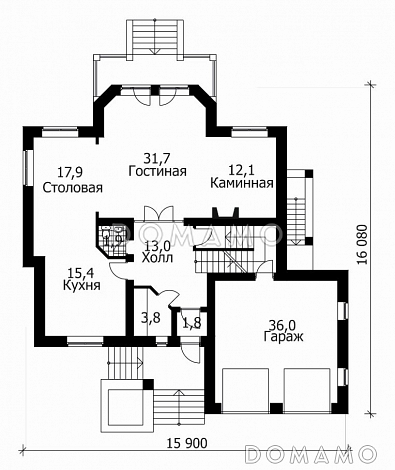 Проект дома из кирпича с эркером и гаражом на 2 машины / План 1 этажа