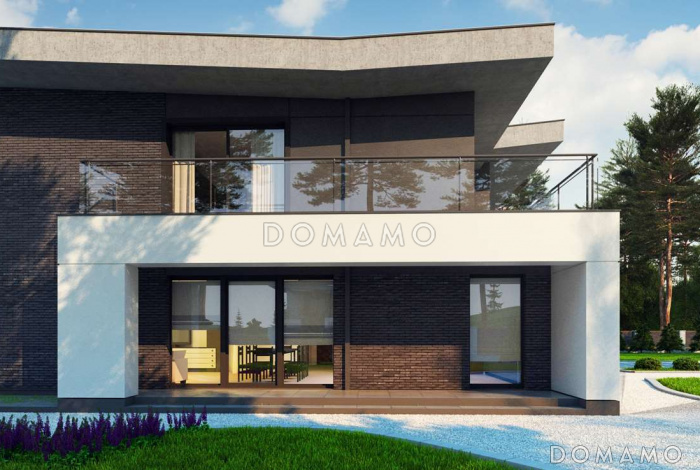 Проект современного двухэтажного дома из кирпича с пятью спальнями, с гаражом для двух автомобилей и террасами на обоих уровнях