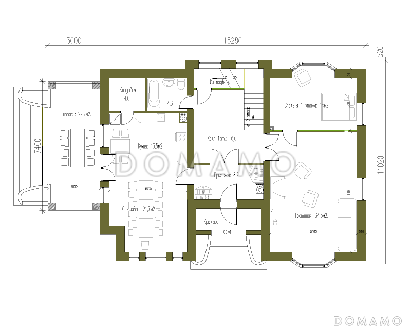 Проект особняка в стиле Тюдор / План 1 этажа