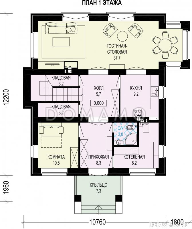 Проект двухэтажного газобетонного загородного дома с просторной гостиной-столовой и четырьмя спальнями / План 1 этажа