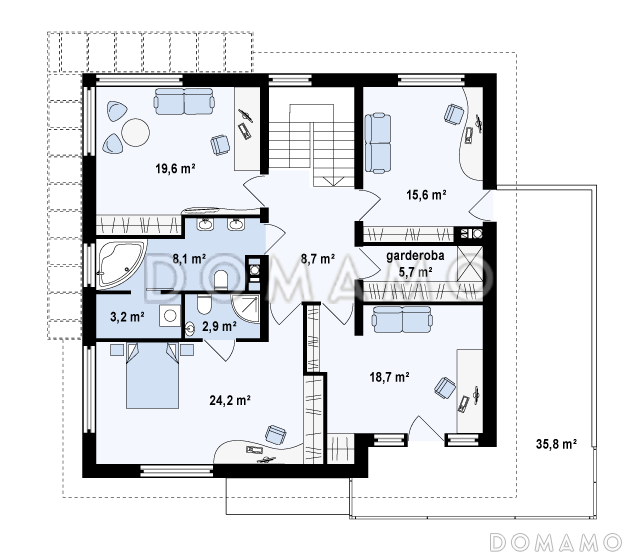 Проект просторного современного двухэтажного дома из кирпича, с пятью комнатами, гаражом и застеклённой террасой над ним / План 2 этажа