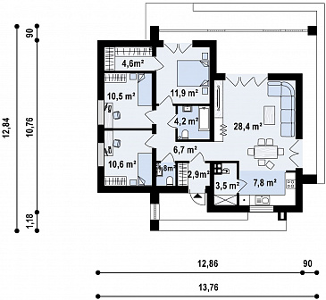 Проект компактного одноэтажного дома из кирпича с плоской крышей, с тремя спальнями и угловой крытой террасой / План 1 этажа