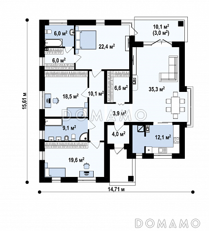 Проект дома с хозяйской спальней, кухней с кладовой, ванной с окном / План 1 этажа