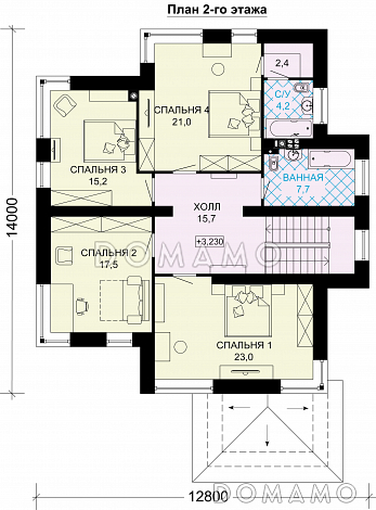 Проект загородного дома с четырьмя спальными комнатами и гаражом для одного автомобиля / План 2 этажа
