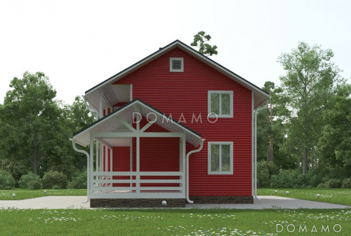 Проект яркого, каркасного дома с балконом на втором этаже