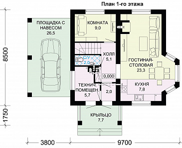 Проект дома из газобетона с многощипцовой крышей и навесом для авто / План 1 этажа
