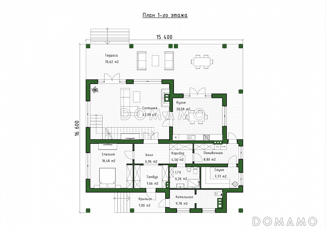 Проект мансардного дома с сауной, вторым светом, террасой и балконом / План 1 этажа