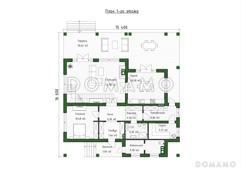 Проект мансардного дома с сауной, вторым светом, террасой и балконом / План 1 этажа