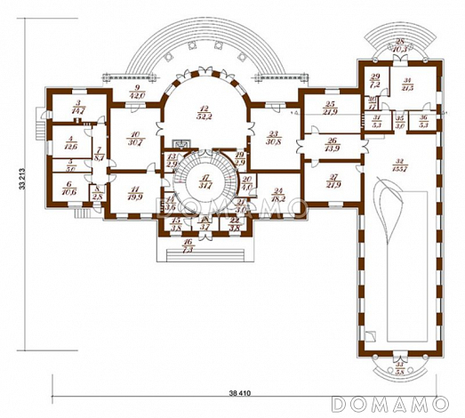 Проект загородного особняка из кирпича с полукруглым эркером / План 1 этажа