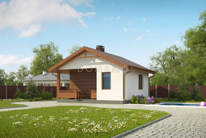 Проект небольшой бани из кирпича с комнатой отдыха и крытой террасой