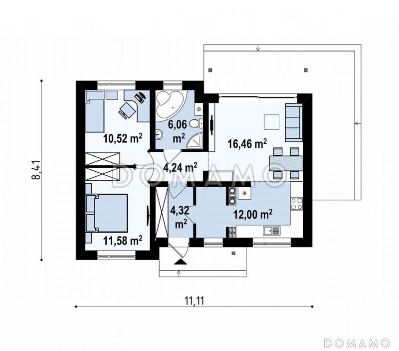 Проект компактного одноэтажного дома небольшой площади из кирпича с двумя спальнями / План 1 этажа